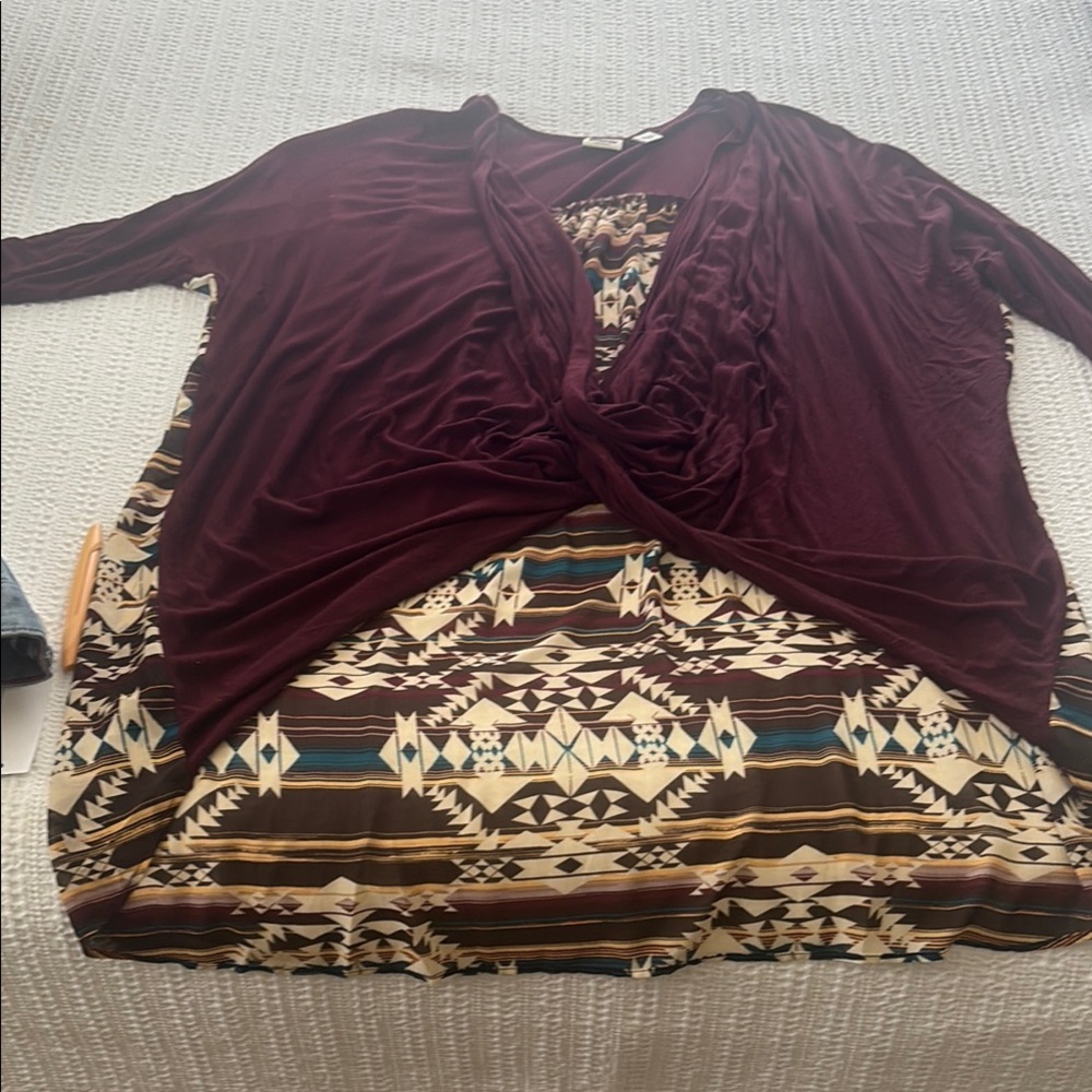 Cato Burgundy and Geometric Pattern Blouse